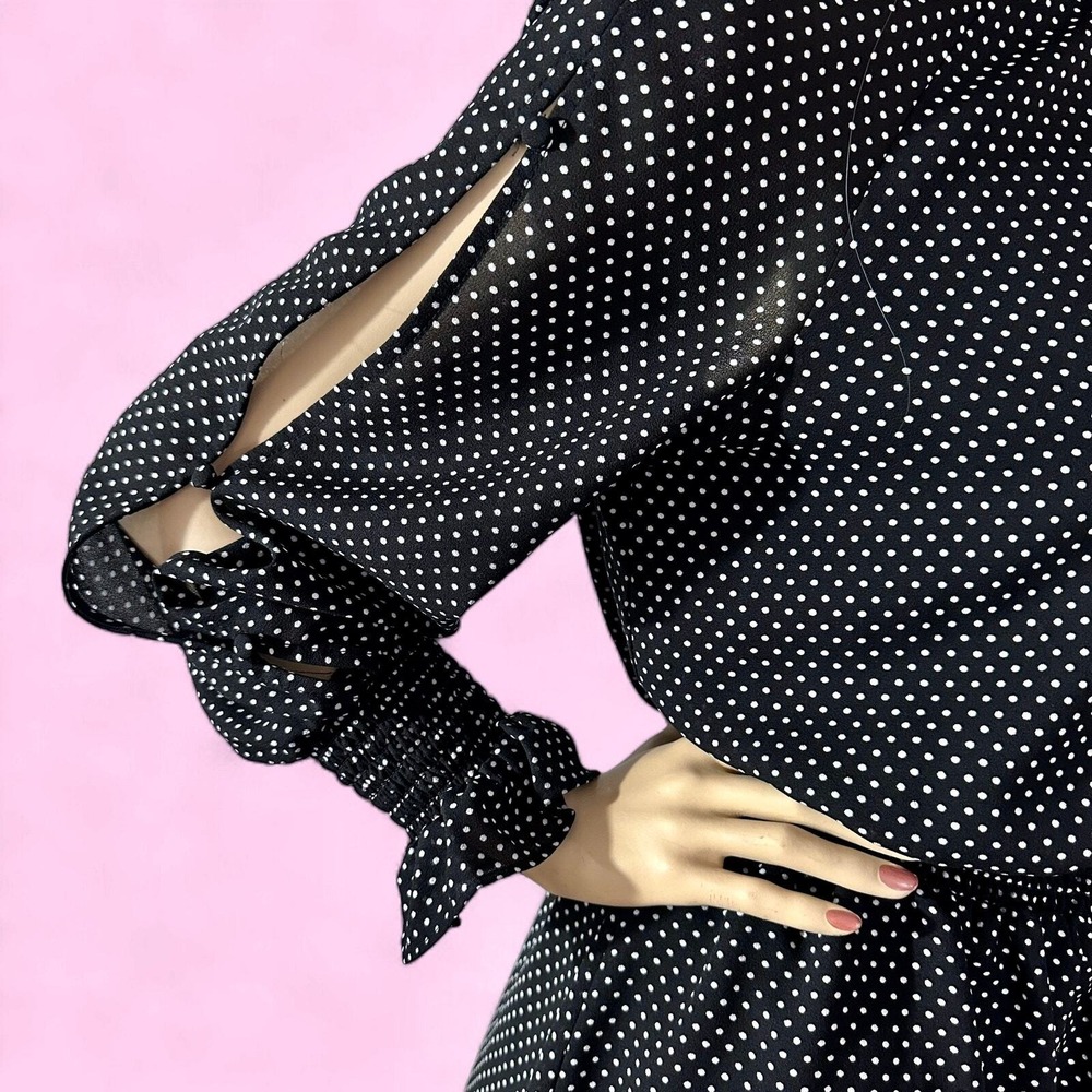 Black Swiss Dot Ruffle Mini Dress Small Sheer Sleeve Coquette Date Night - Picture 3 of 10
